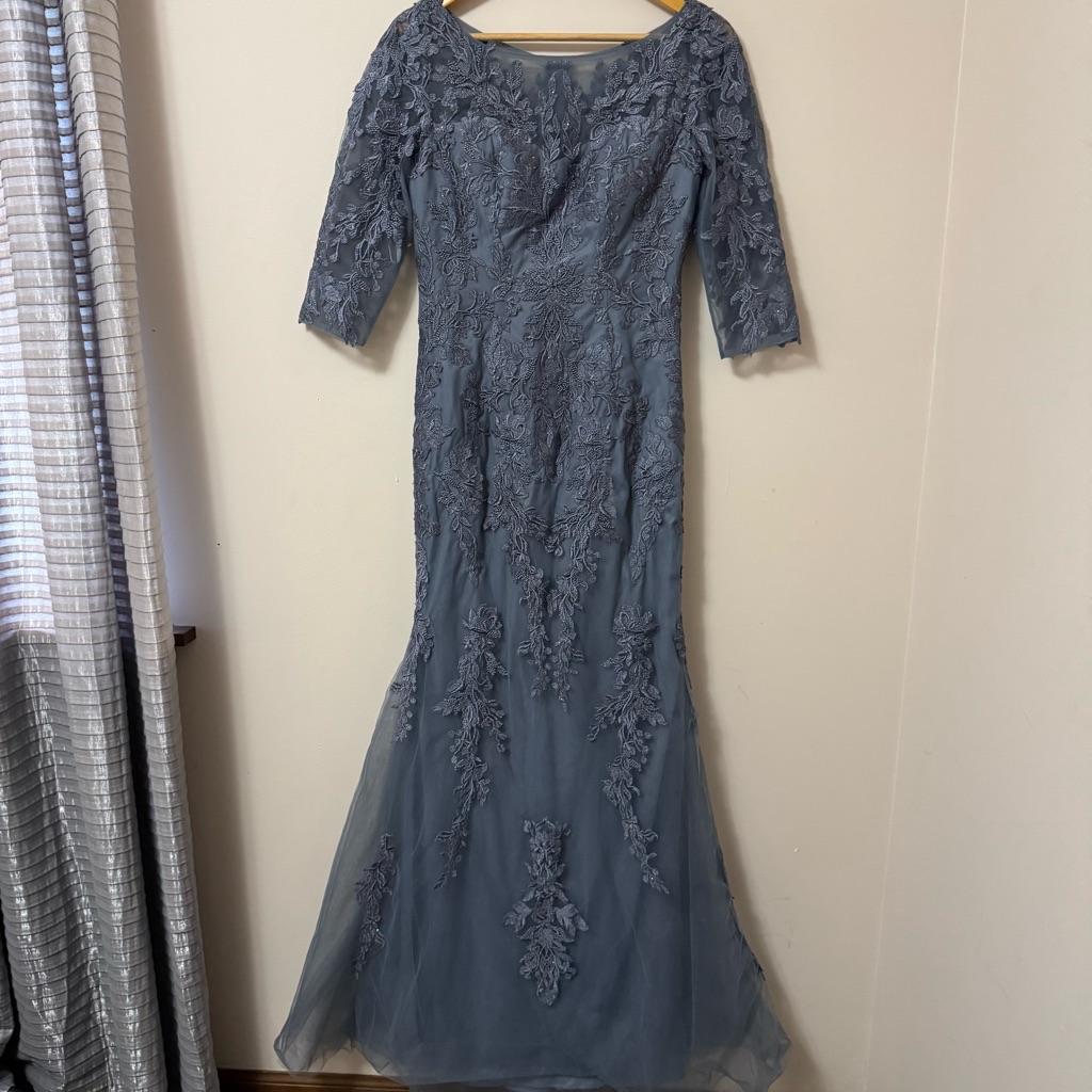 La Femme(Size 4)Nwt Mother Of The Bride Slate Blue Flower Lace Sheath Dress Gown